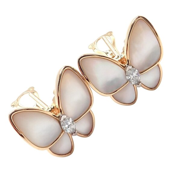 Van Cleef & Arpels 18k Rose Gold Diamond MoP Two Butterfly Earrings Cert - Picture 9 of 10